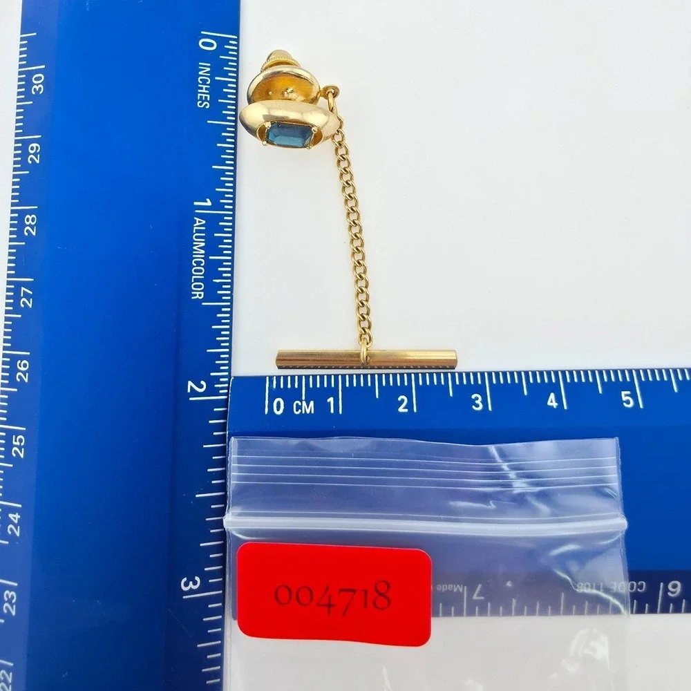 Vtg SWANK Tie Tack Pin Deep Blue Crystal Emerald Cut Barbell Men's Gold Tone
